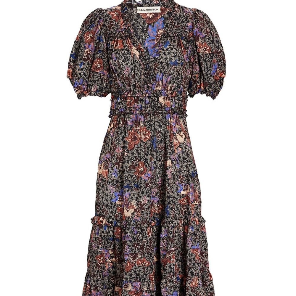 Ulla Johnson Black Floral Midi Dress with Purple and Rust Accents